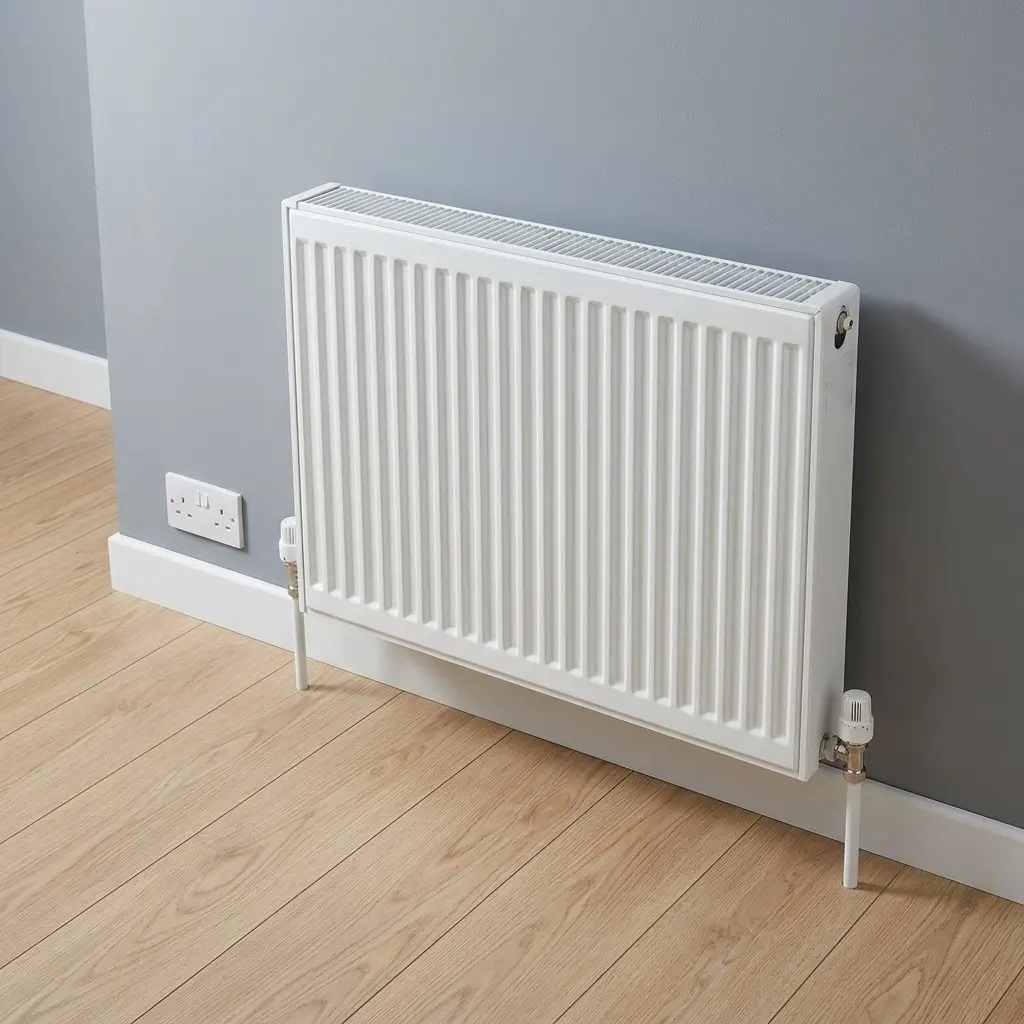 A new white panel radiator on a grey wall, with thermostatic valves
