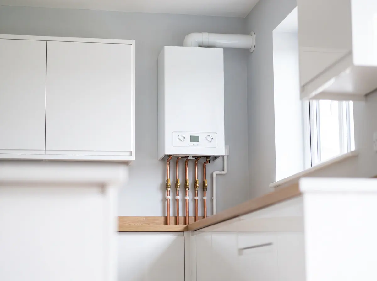 A new white wall-hung combi boiler on a kitchen wall, with neat copper pipework below