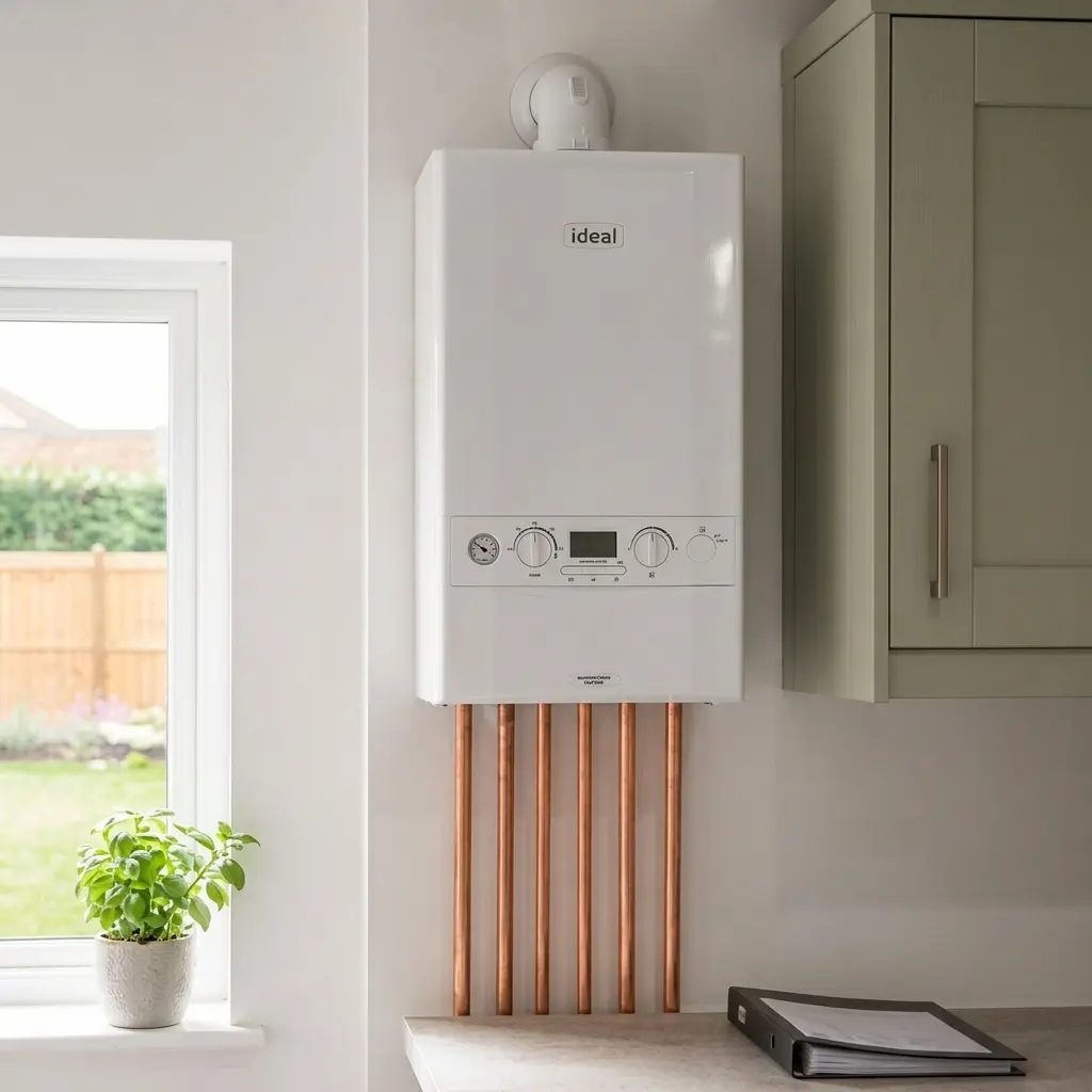 A white Ideal combi boiler on a kitchen wall, copper pipes below it and a window beside it